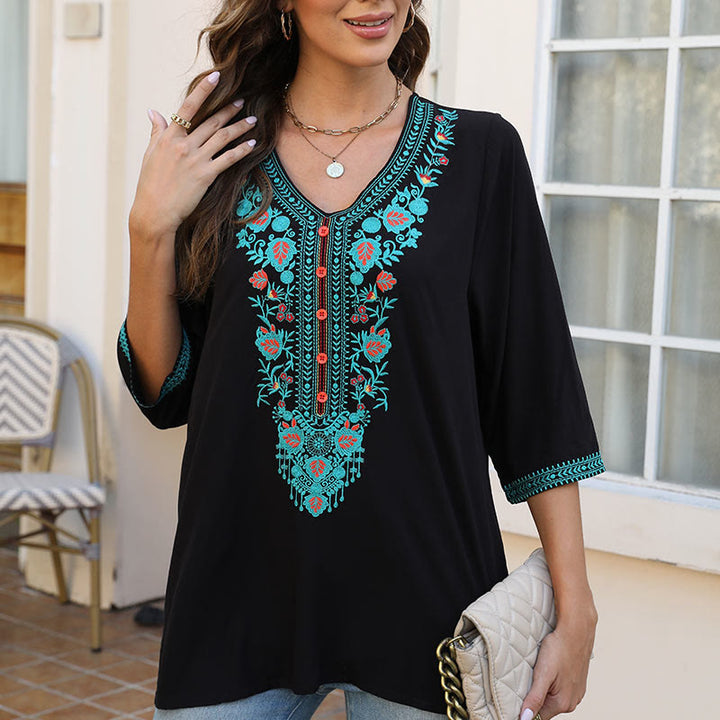 T-shirt d'été décontracté en coton à manches mi-longues et col en V pour femme, motif Buddha Stones , broderie de fleurs et de feuilles - image 5