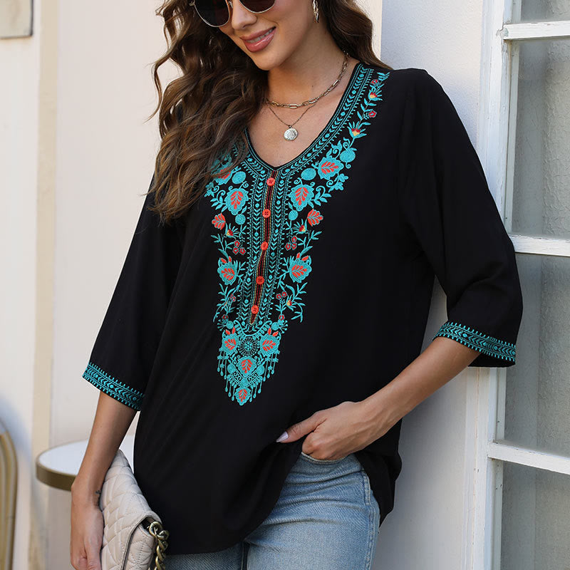 T-shirt d'été décontracté en coton à manches mi-longues et col en V pour femme, motif Buddha Stones , broderie de fleurs et de feuilles - Noir - US12，UK/AU16，EU44 (3XL) - image 0