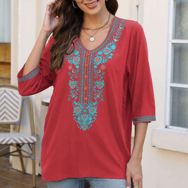 T-shirt d'été décontracté en coton à manches mi-longues et col en V pour femme, motif Buddha Stones , broderie de fleurs et de feuilles - Cramoisi - US12，UK/AU16，EU44 (3XL) - image 16