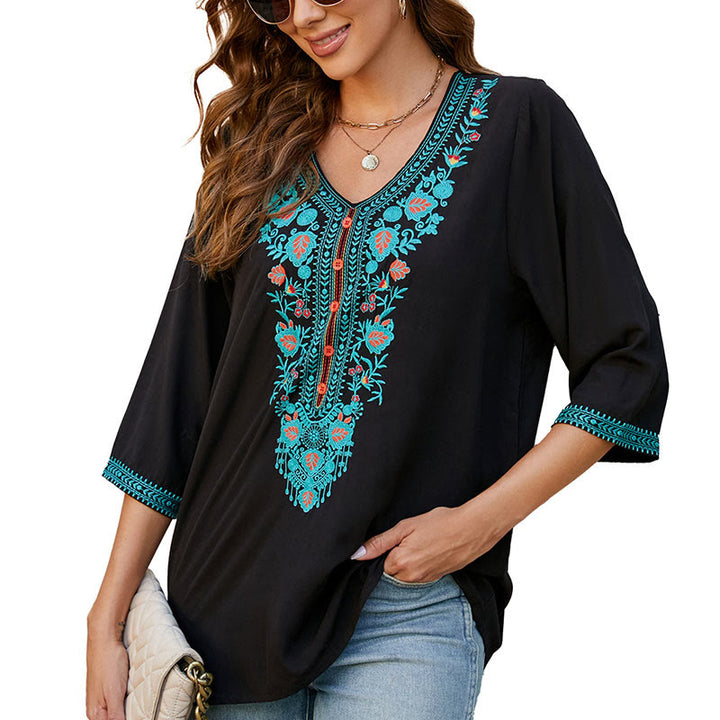 T-shirt d'été décontracté en coton à manches mi-longues et col en V pour femme, motif Buddha Stones , broderie de fleurs et de feuilles - image 8