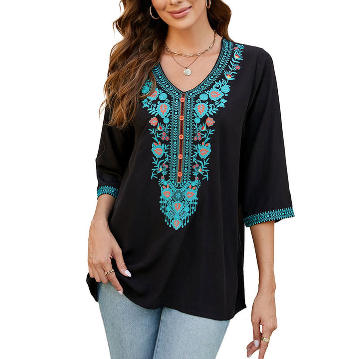 T-shirt d'été décontracté en coton à manches mi-longues et col en V pour femme, motif Buddha Stones , broderie de fleurs et de feuilles - image 9