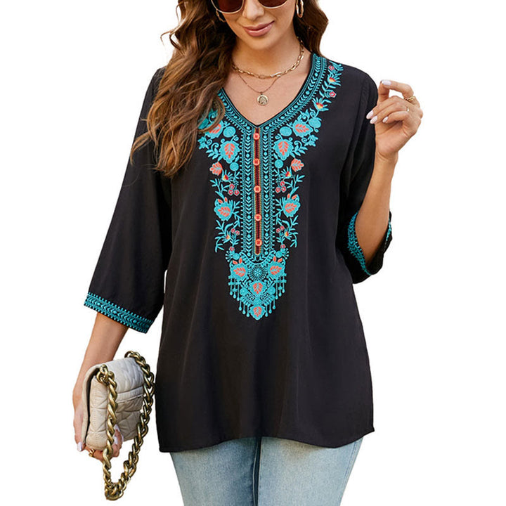 T-shirt d'été décontracté en coton à manches mi-longues et col en V pour femme, motif Buddha Stones , broderie de fleurs et de feuilles - image 11