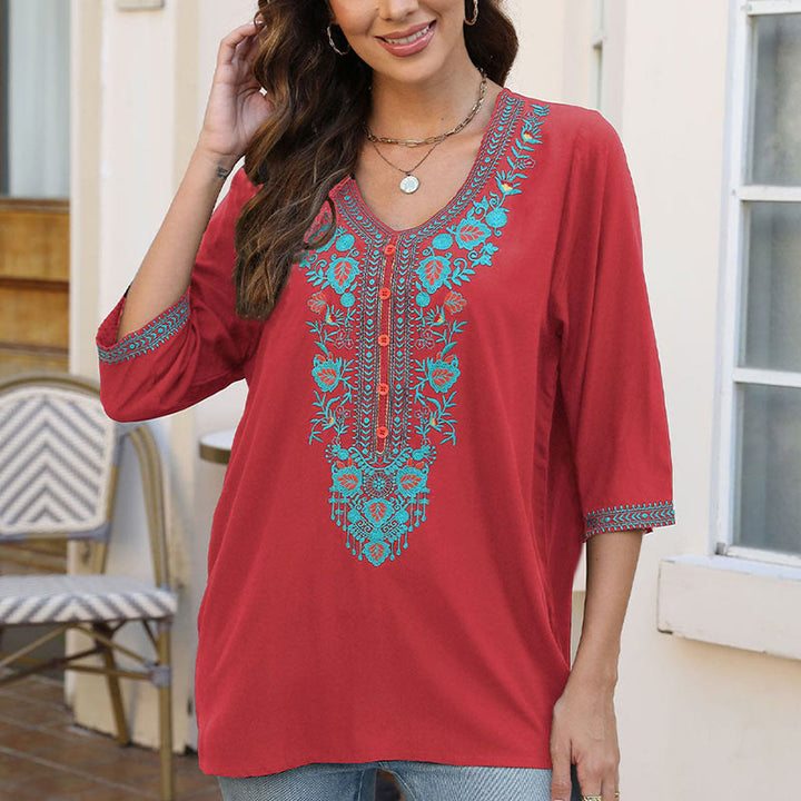 T-shirt d'été décontracté en coton à manches mi-longues et col en V pour femme, motif Buddha Stones , broderie de fleurs et de feuilles - image 20
