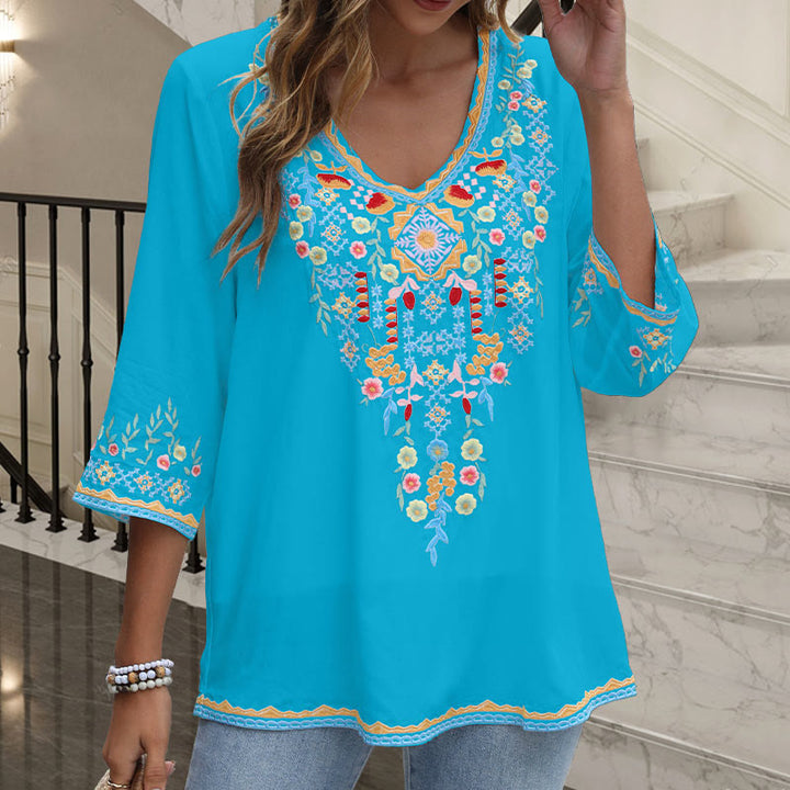 T-shirt femme en coton à manches longues et col en V avec broderie florale et Buddha Stones