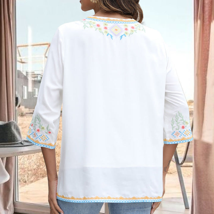 T-shirt femme en coton à manches longues et col en V avec broderie florale et Buddha Stones