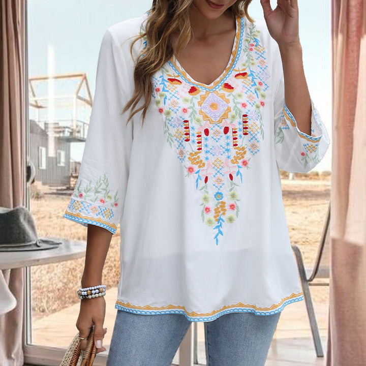 T-shirt femme en coton à manches longues et col en V avec broderie florale et Buddha Stones