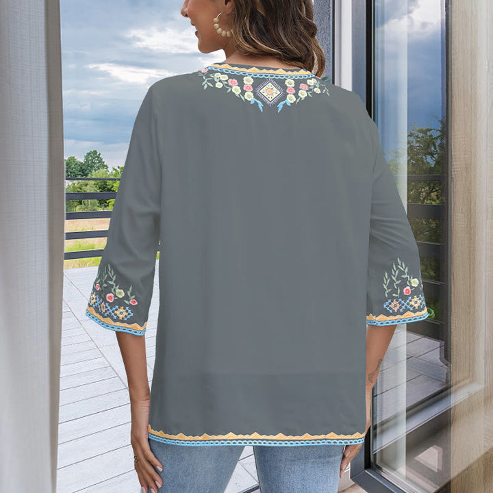 T-shirt femme en coton à manches longues et col en V avec broderie florale et Buddha Stones