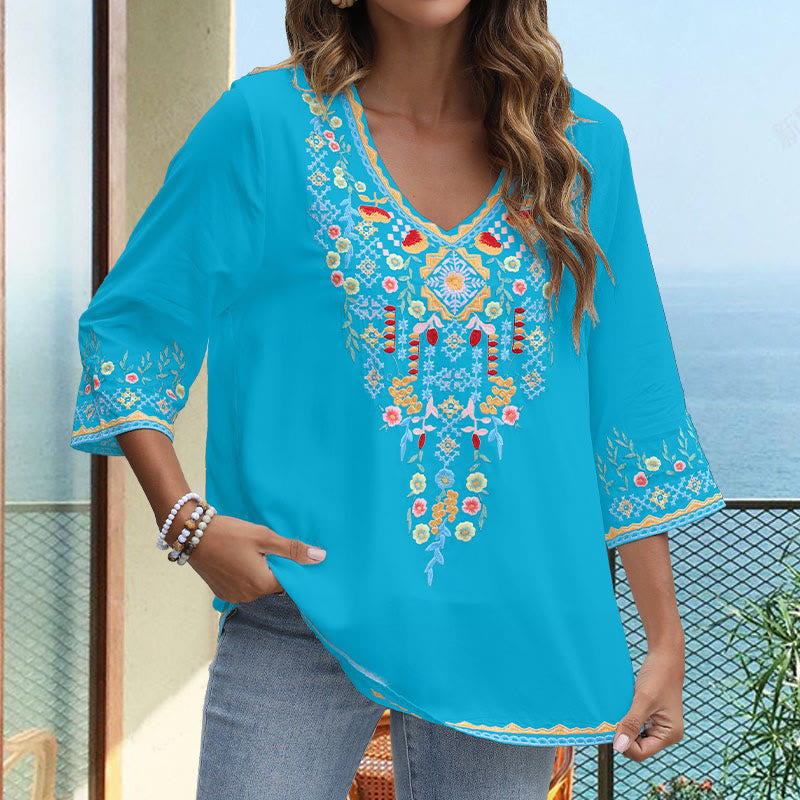 T-shirt femme en coton à manches longues et col en V avec broderie florale et Buddha Stones