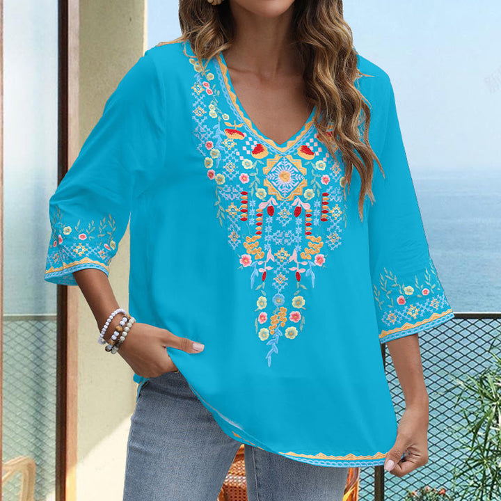 T-shirt femme en coton à manches longues et col en V avec broderie florale et Buddha Stones