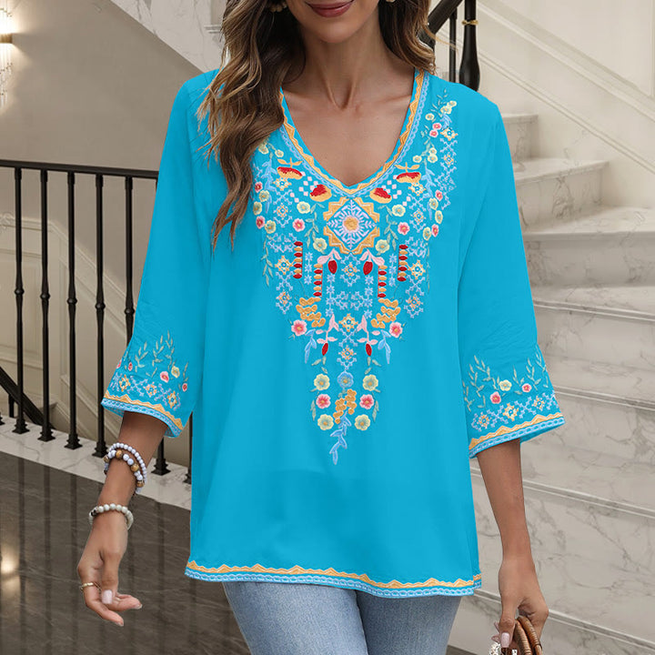 T-shirt femme en coton à manches longues et col en V avec broderie florale et Buddha Stones