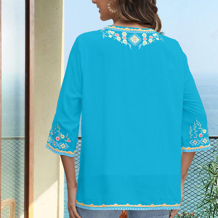 T-shirt femme en coton à manches longues et col en V avec broderie florale et Buddha Stones