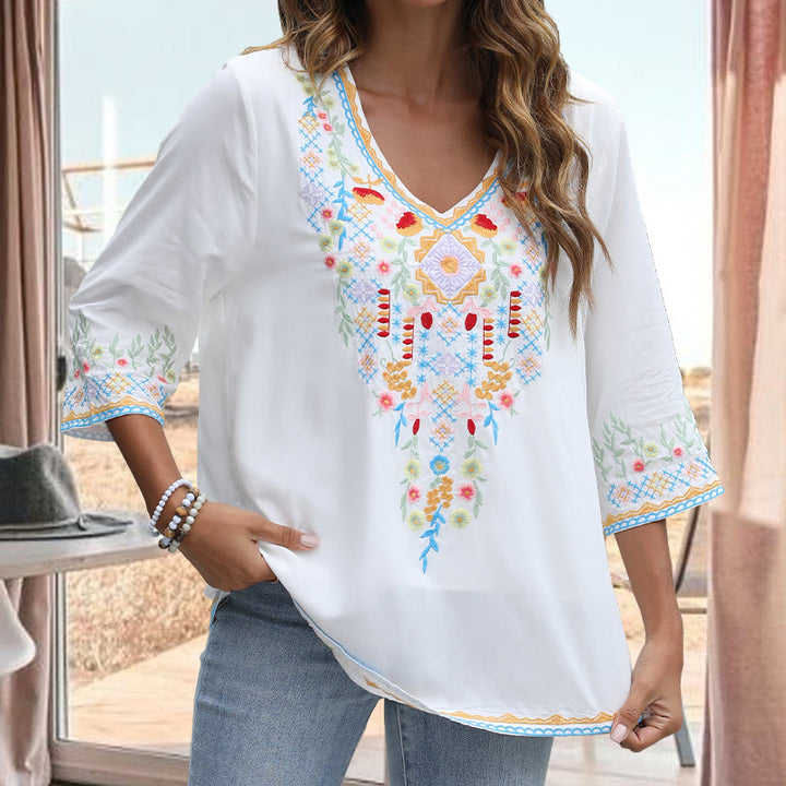 T-shirt femme en coton à manches longues et col en V avec broderie florale et Buddha Stones