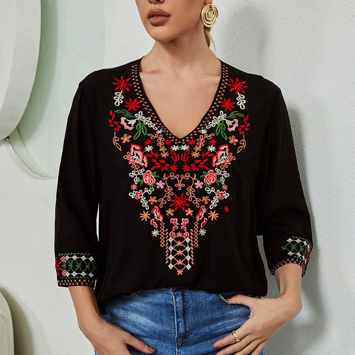T-shirt femme en coton à manches trois-quarts et col en V, motif simple, broderie florale, Buddha Stones , été