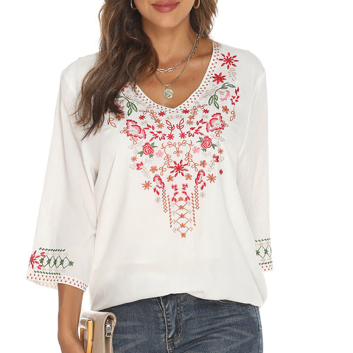 T-shirt femme en coton à manches trois-quarts et col en V, motif simple, broderie florale, Buddha Stones , été - Neige - US12，UK/AU16，EU44 (3XL) - image 7