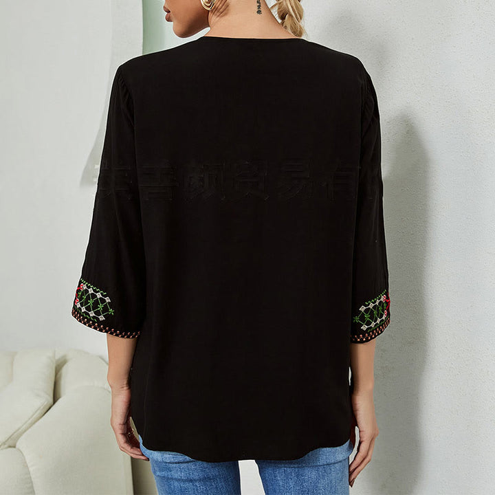 T-shirt femme en coton à manches trois-quarts et col en V, motif simple, broderie florale, Buddha Stones , été