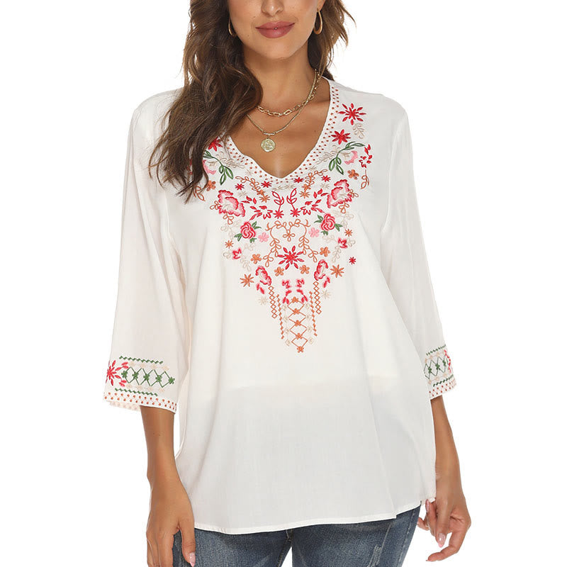 T-shirt femme en coton à manches trois-quarts et col en V, motif simple, broderie florale, Buddha Stones , été
