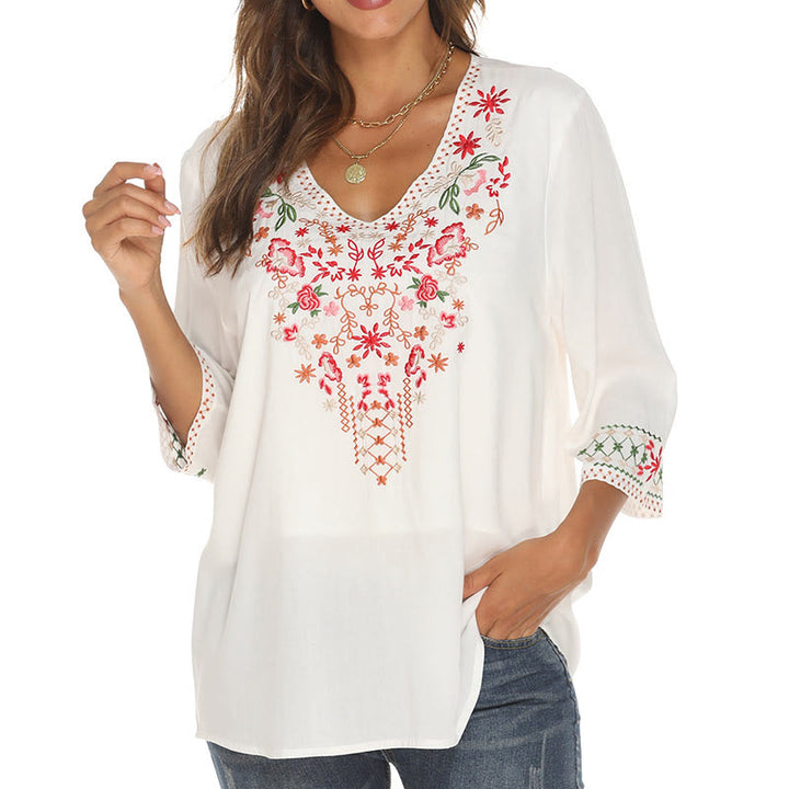 T-shirt femme en coton à manches trois-quarts et col en V, motif simple, broderie florale, Buddha Stones , été