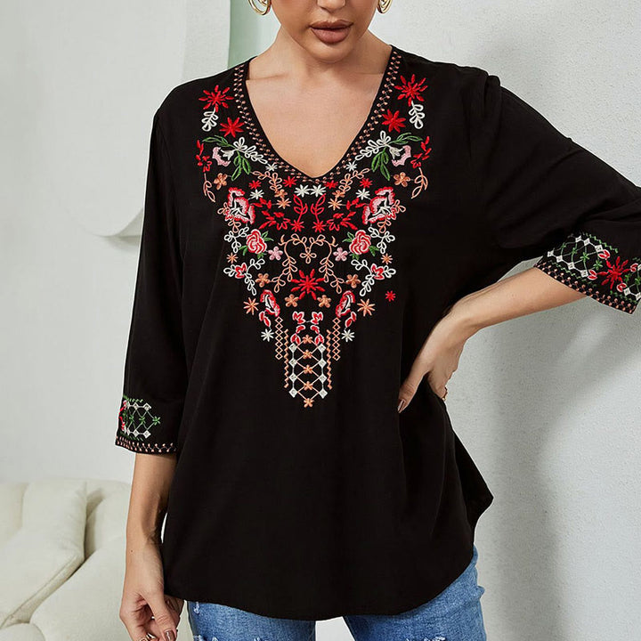 T-shirt femme en coton à manches trois-quarts et col en V, motif simple, broderie florale, Buddha Stones , été - Noir - US12，UK/AU16，EU44 (3XL) - image 0