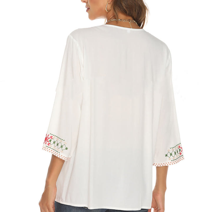 T-shirt femme en coton à manches trois-quarts et col en V, motif simple, broderie florale, Buddha Stones , été