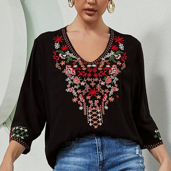 T-shirt femme en coton à manches trois-quarts et col en V, motif simple, broderie florale, Buddha Stones , été