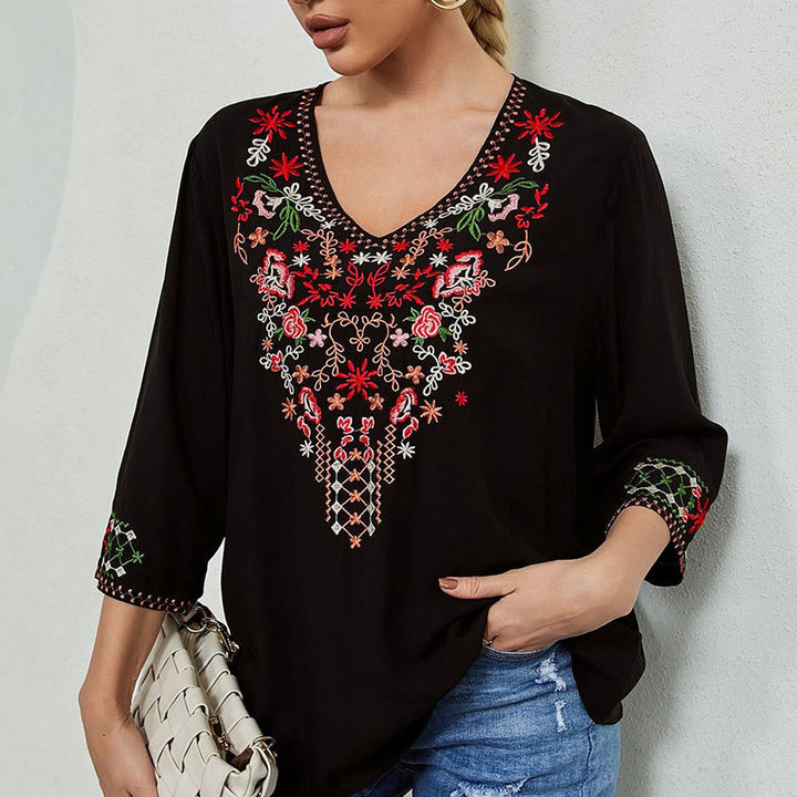 T-shirt femme en coton à manches trois-quarts et col en V, motif simple, broderie florale, Buddha Stones , été