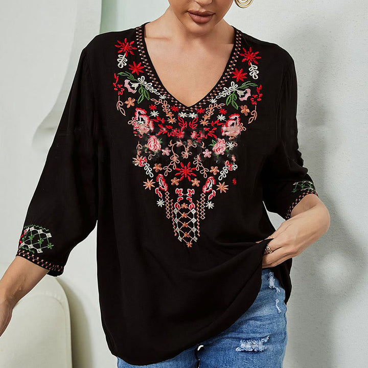 T-shirt femme en coton à manches trois-quarts et col en V, motif simple, broderie florale, Buddha Stones , été
