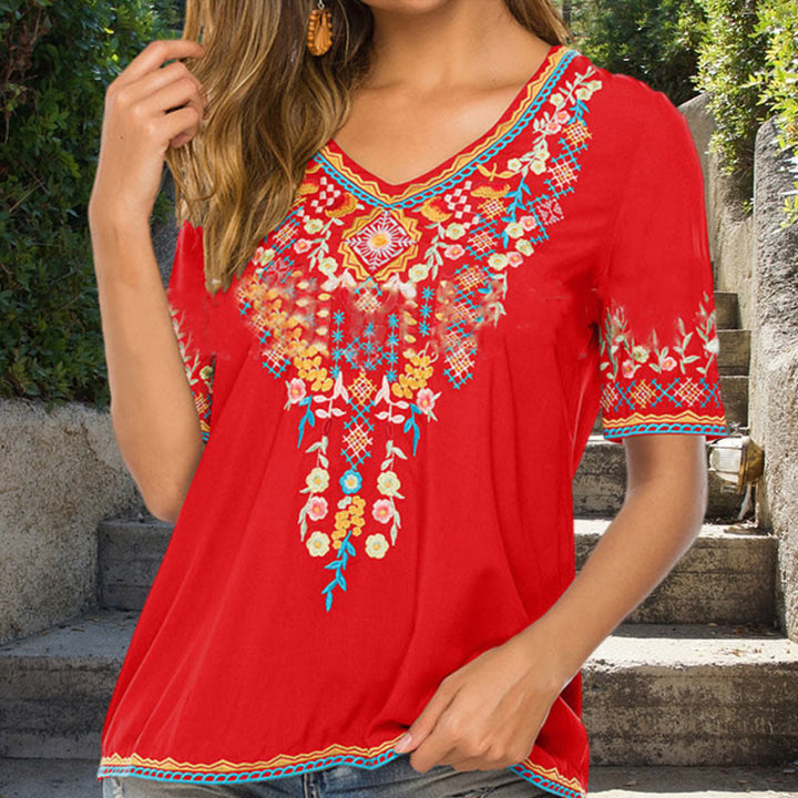 T-shirt femme en coton à manches courtes et col en V avec broderie de fleurs et Buddha Stones