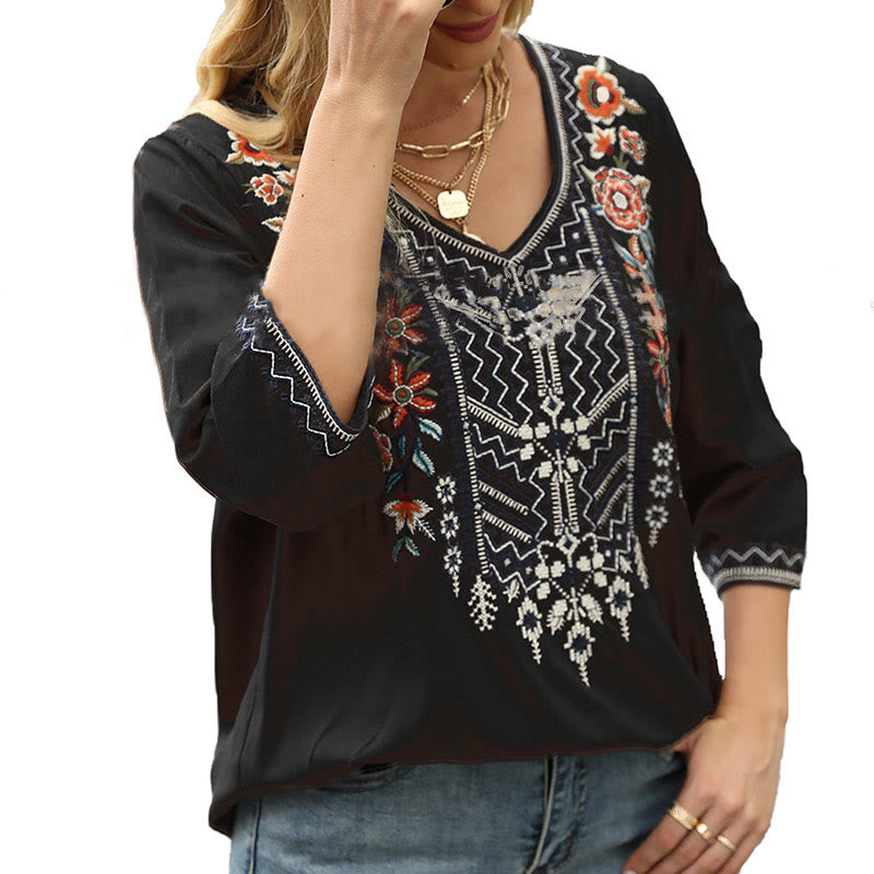 T-shirt décontracté à manches trois-quarts et col en V pour femme, en coton, avec broderie florale et Buddha Stones , collection printemps