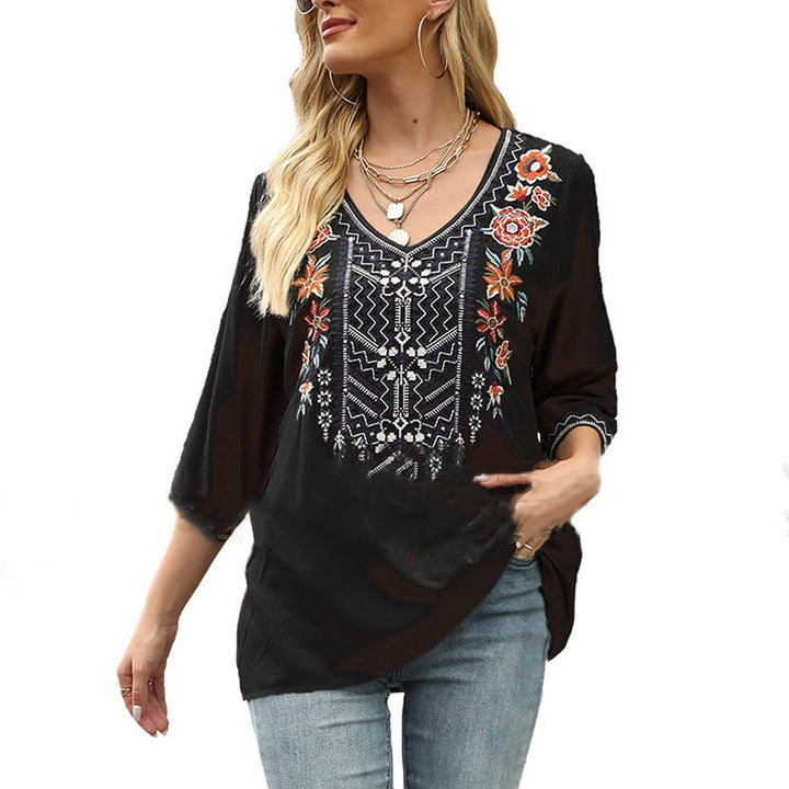 T-shirt décontracté à manches trois-quarts et col en V pour femme, en coton, avec broderie florale et Buddha Stones , collection printemps