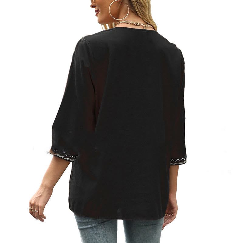 T-shirt femme à manches trois-quarts et col en V, style décontracté printanier, orné de broderies florales et de Buddha Stones - image 12