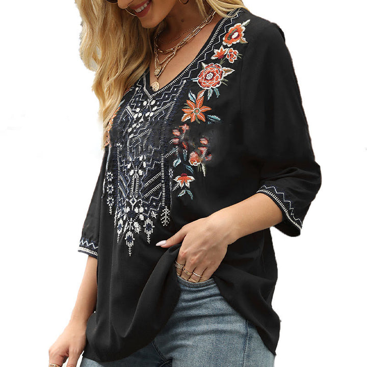 T-shirt décontracté à manches trois-quarts et col en V pour femme, en coton, avec broderie florale et Buddha Stones , collection printemps