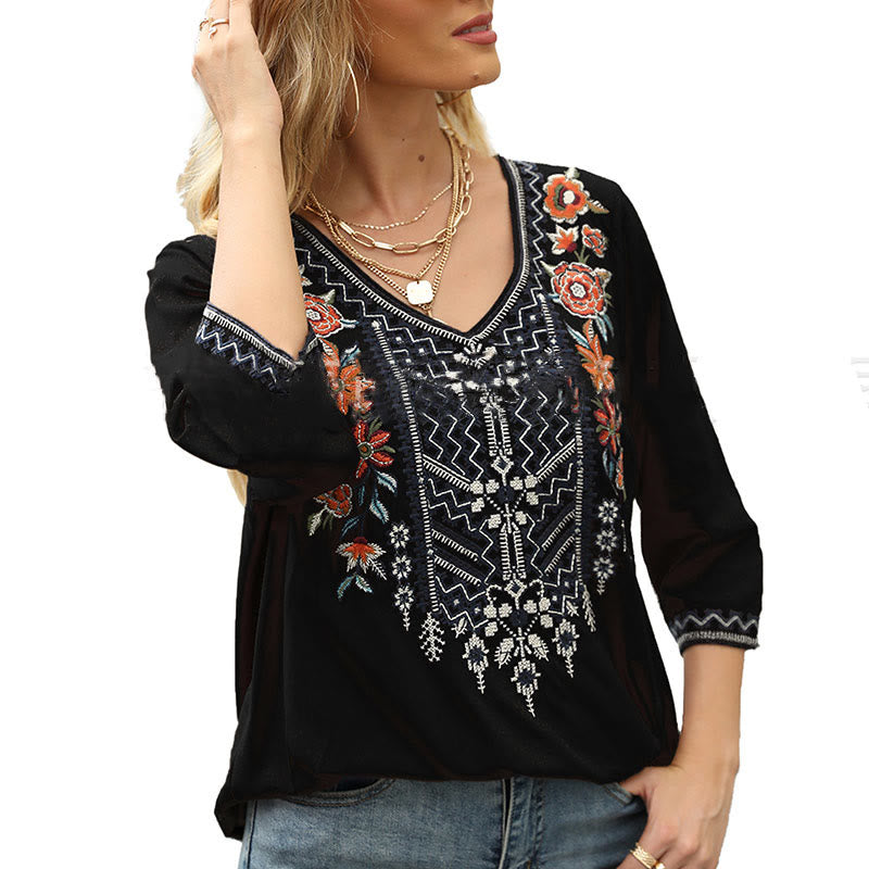 T-shirt décontracté à manches trois-quarts et col en V pour femme, en coton, avec broderie florale et Buddha Stones , collection printemps