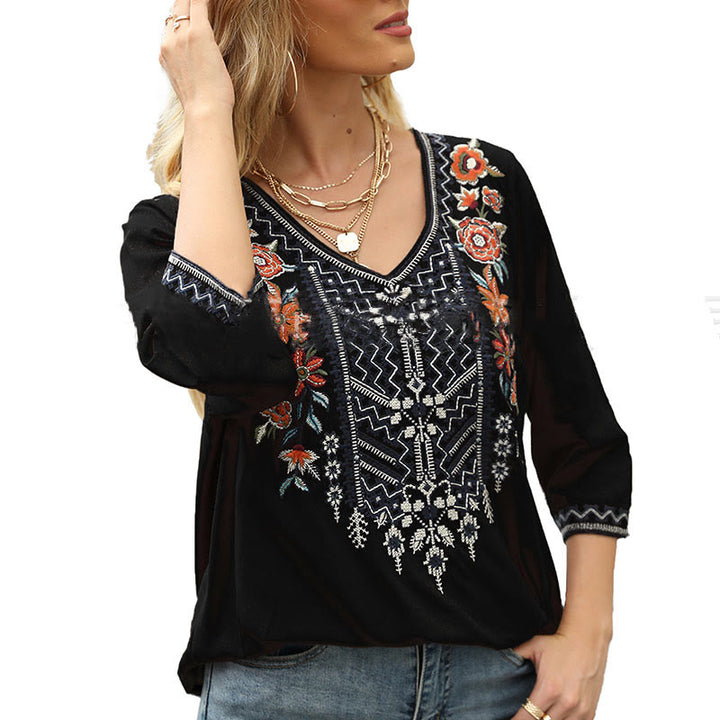 T-shirt décontracté à manches trois-quarts et col en V pour femme, en coton, avec broderie florale et Buddha Stones , collection printemps