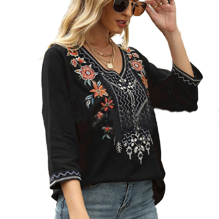 T-shirt décontracté à manches trois-quarts et col en V pour femme, en coton, avec broderie florale et Buddha Stones , collection printemps