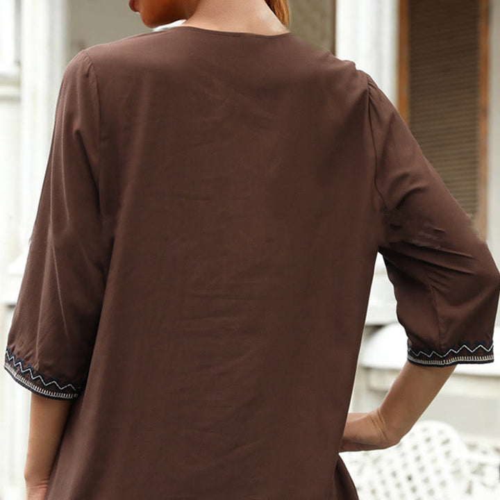 T-shirt décontracté à manches trois-quarts et col en V pour femme, en coton, avec broderie florale et Buddha Stones , collection printemps
