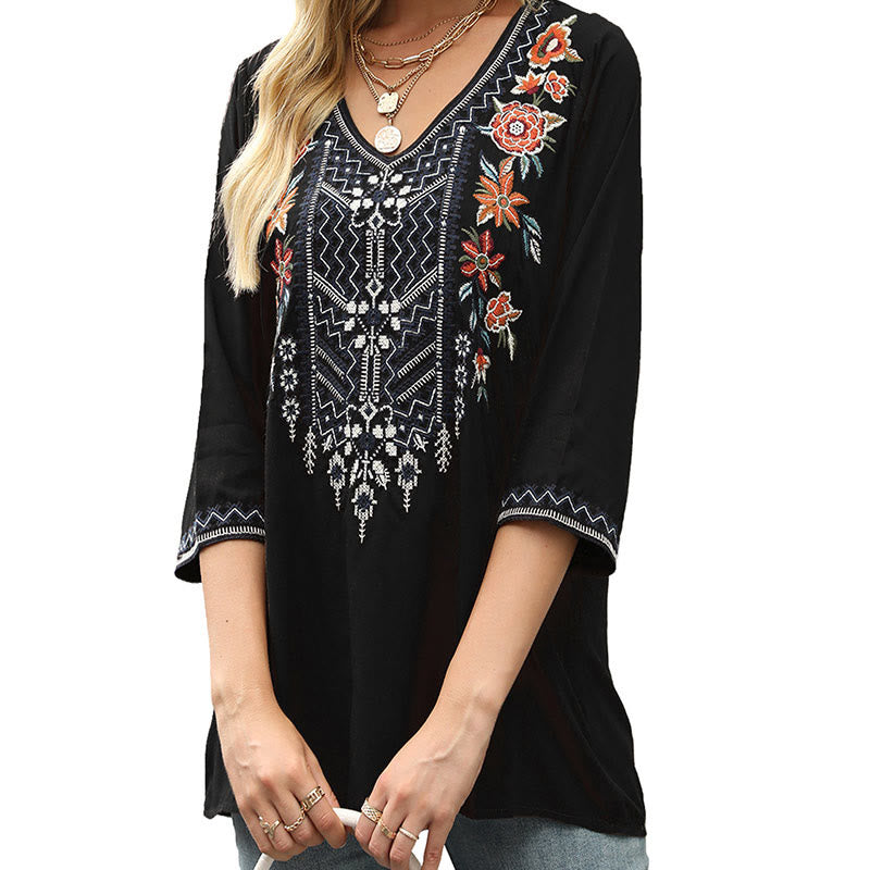 T-shirt décontracté à manches trois-quarts et col en V pour femme, en coton, avec broderie florale et Buddha Stones , collection printemps
