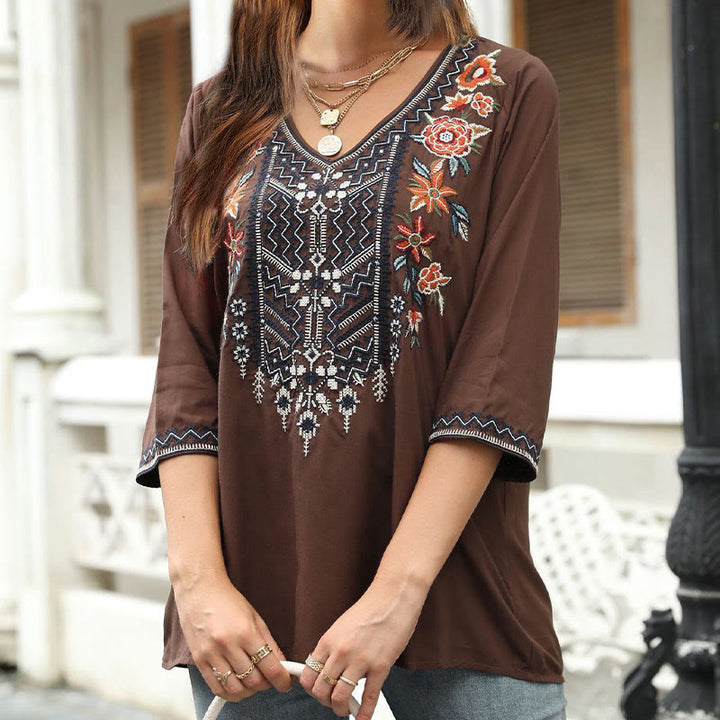 T-shirt décontracté à manches trois-quarts et col en V pour femme, en coton, avec broderie florale et Buddha Stones , collection printemps