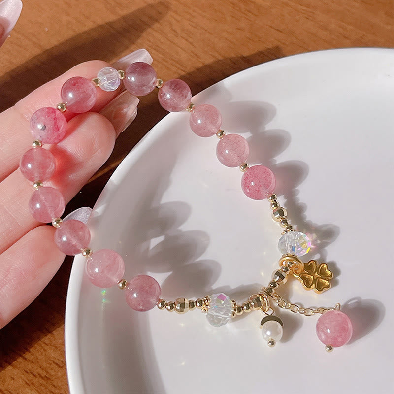Bracelet de guérison en trèfle à quatre feuilles en quartz fraise naturel Buddha Stones