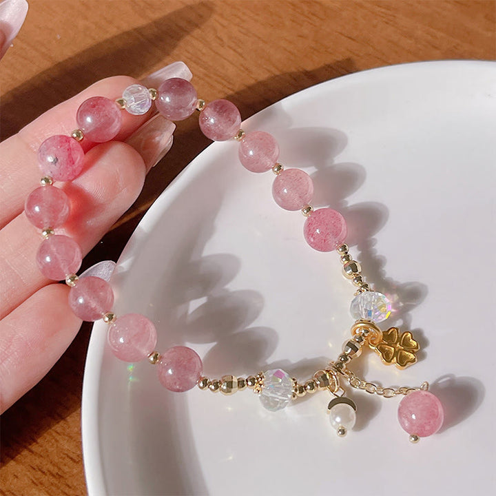Bracelet de guérison en trèfle à quatre feuilles en quartz fraise naturel Buddha Stones