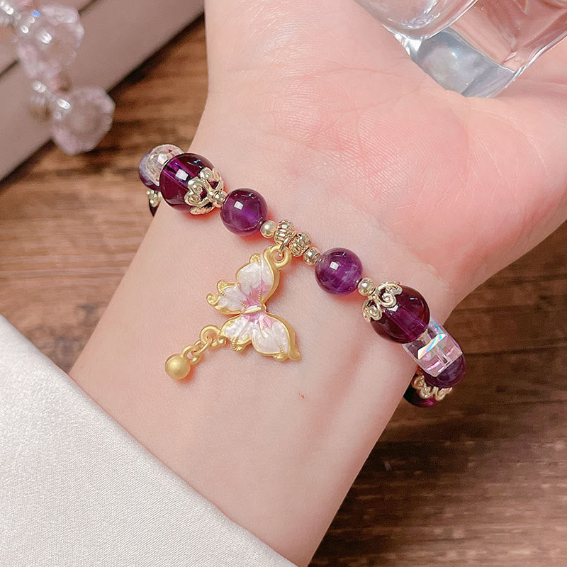 Bracelet de paix papillon en pierre de soleil améthyste naturelle de Buddha Stones