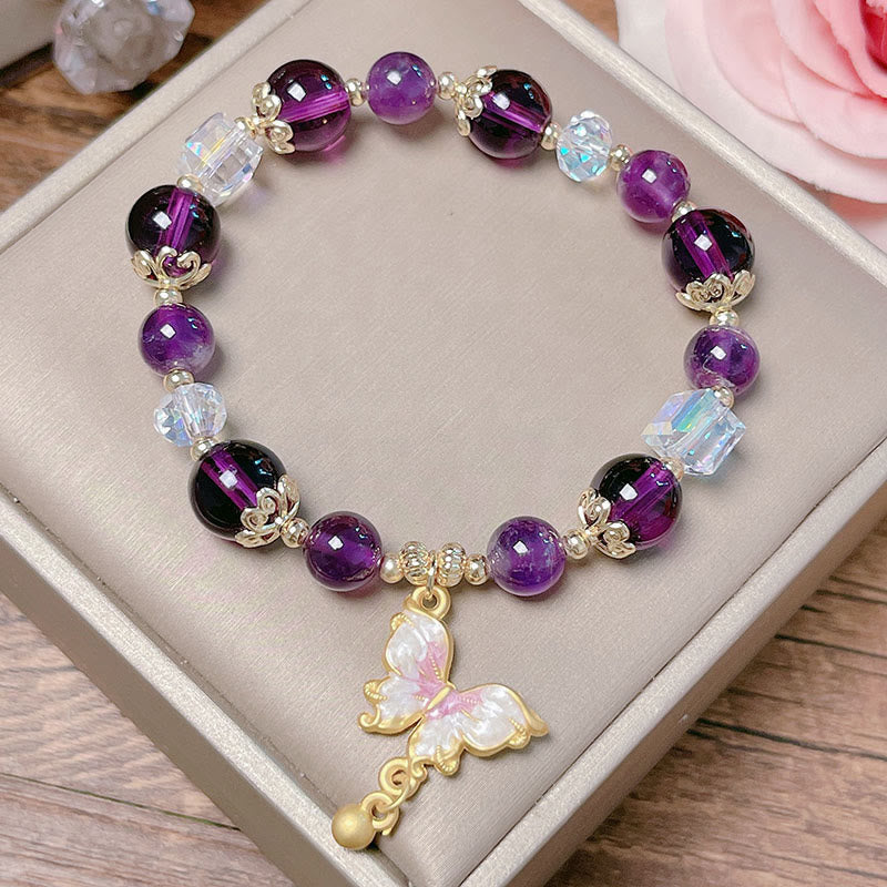 Bracelet de paix papillon en pierre de soleil améthyste naturelle de Buddha Stones