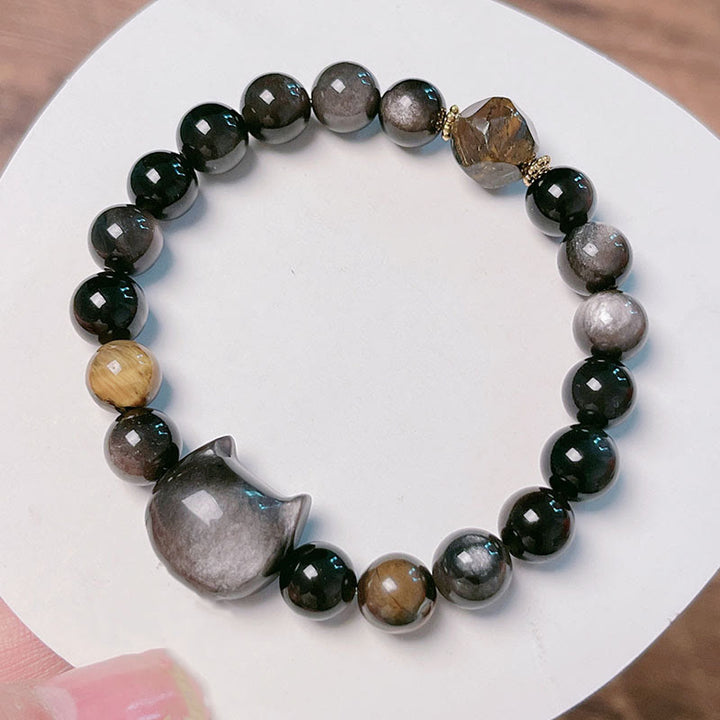 Bracelet apaisant en Buddha Stones d'obsidienne argentées naturelles et chat mignon - image 10