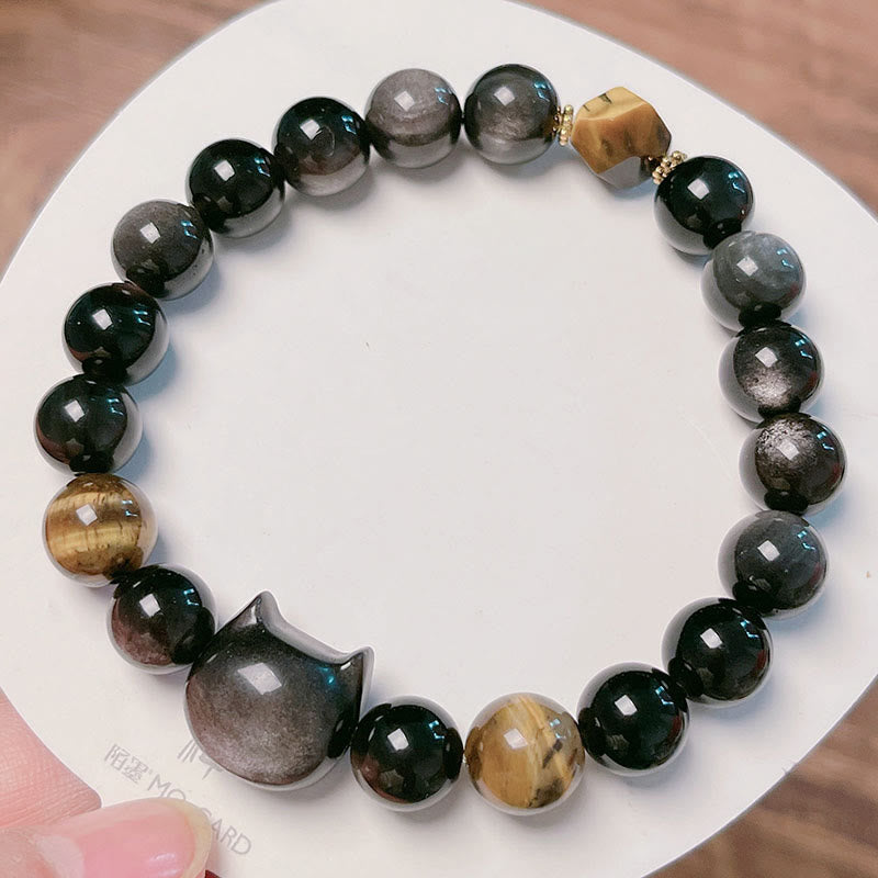Bracelet apaisant en Buddha Stones d'obsidienne argentées naturelles et chat mignon - image 11