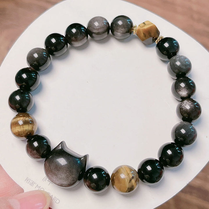 Bracelet apaisant en Buddha Stones d'obsidienne argentées naturelles et chat mignon - image 11