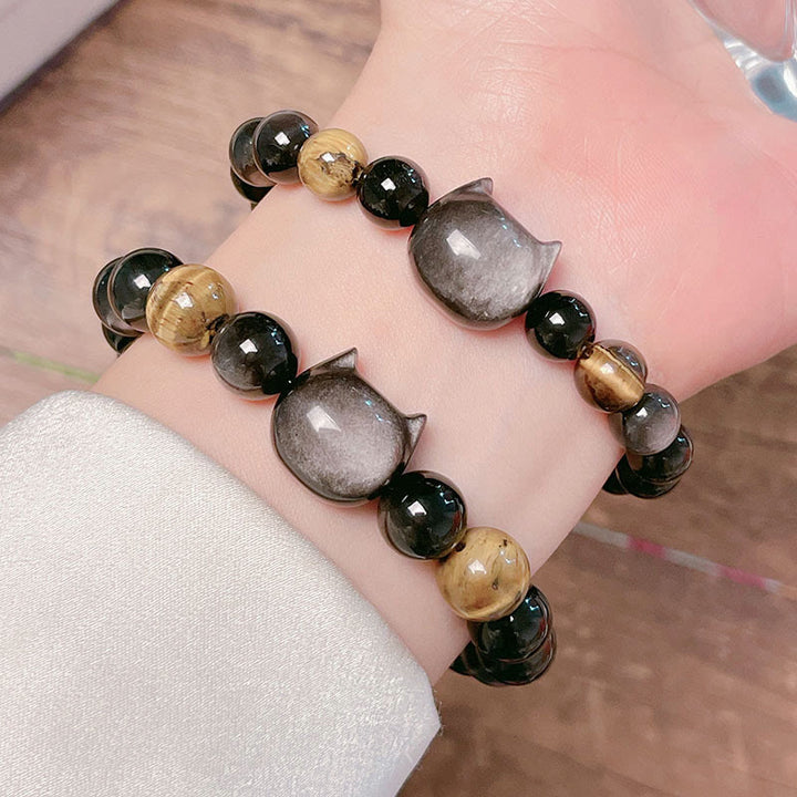 Bracelet apaisant en Buddha Stones d'obsidienne argentées naturelles et chat mignon - image 9