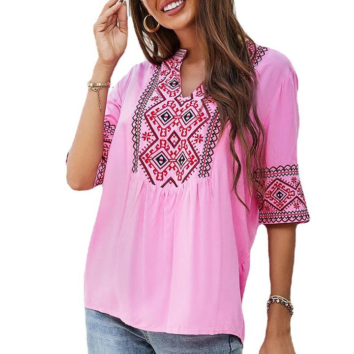 T-shirt femme en coton à manches mi-longues et col en V avec broderie florale style bohème et Buddha Stones