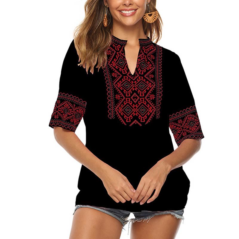 T-shirt femme en coton à manches mi-longues et col en V avec broderie florale style bohème et Buddha Stones