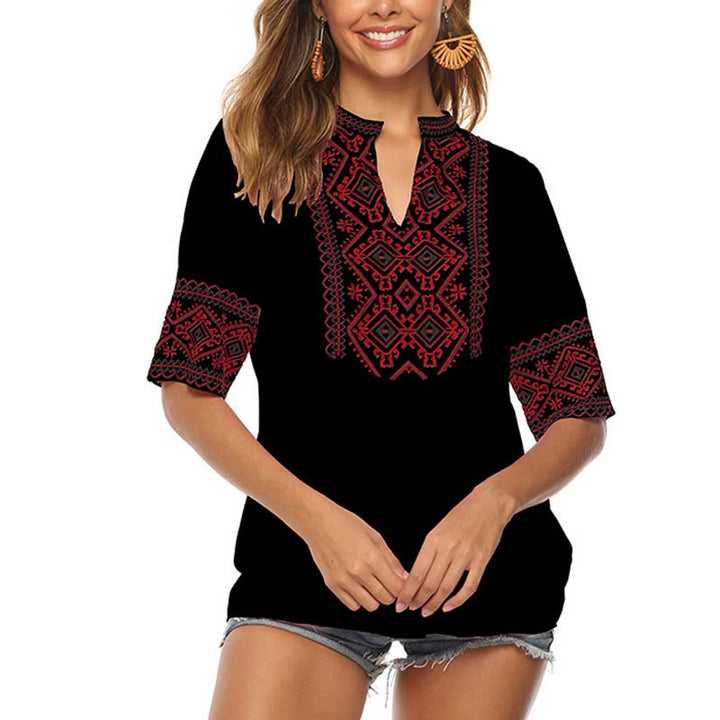 T-shirt femme en coton à manches mi-longues et col en V avec broderie florale style bohème et Buddha Stones