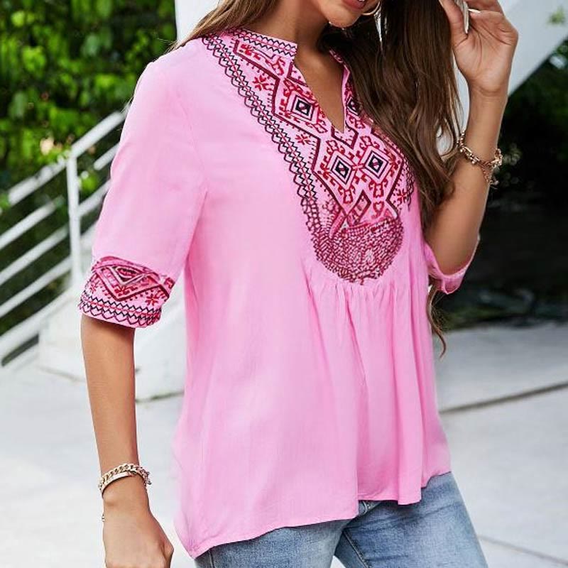 T-shirt femme en coton à manches mi-longues et col en V avec broderie florale style bohème et Buddha Stones