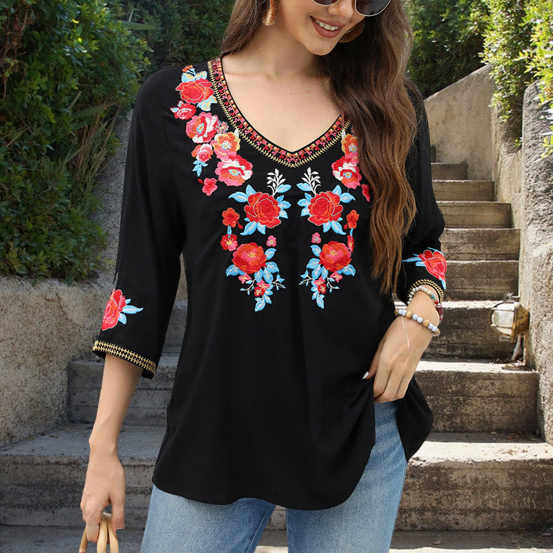 T-shirt décontracté en coton à manches trois-quarts et col ras du cou pour femme, motif rose brodé, motif Buddha Stones , noir